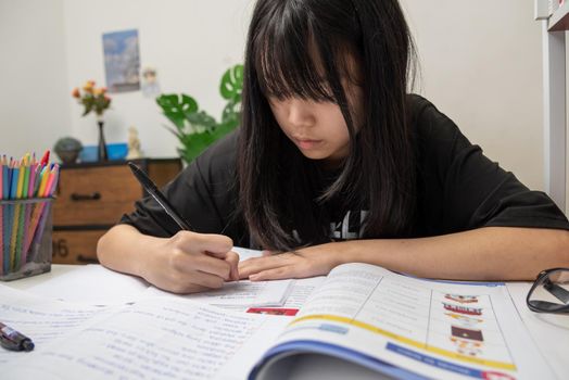 Asian student girl is writing homework and reading book at desk