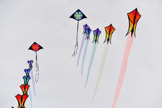 Kite festival. Kites in the sky in the Atlantic ocean