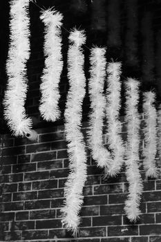 Christmas bright white tinsel decor and christmas background decorations.