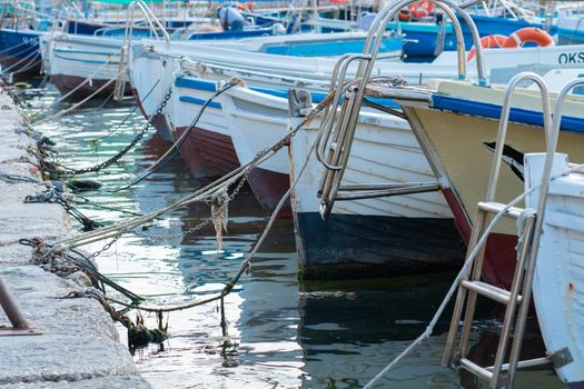 Berth nature beach boat fisherman water sea fishing summer vacation, concept landscape old in wood from lake equipment, brown buoy. Ohrid macedonia reed,