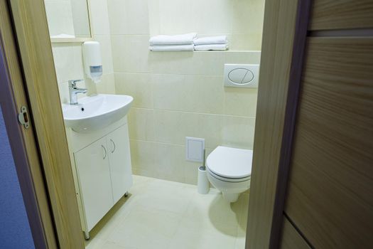 Bright bathroom, white toilet, washbasin, mirror, shower