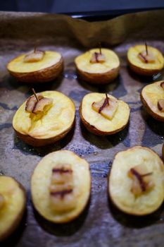 Baked chopped potatoes with lard