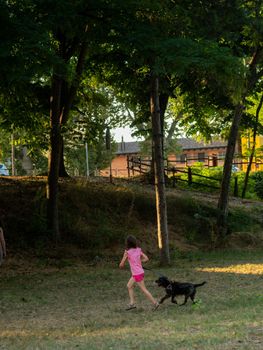 little girl walking the dog in a park