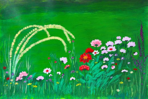 Oil painting on canvas of a row of pink and red flowers on a lush green field