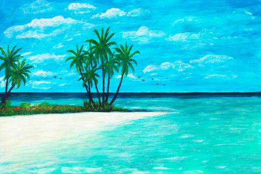 Oil painting on canvas of empty beach on tropical island