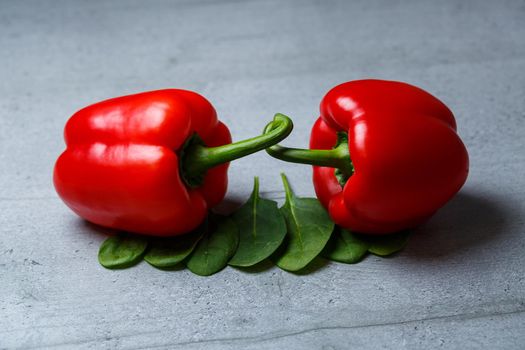 Red pepper with spinach on a gray table