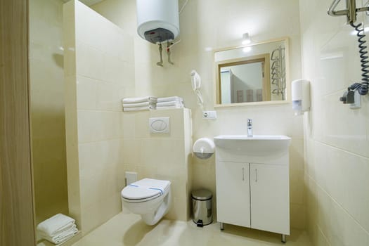 Bright bathroom, white toilet, washbasin, mirror, shower