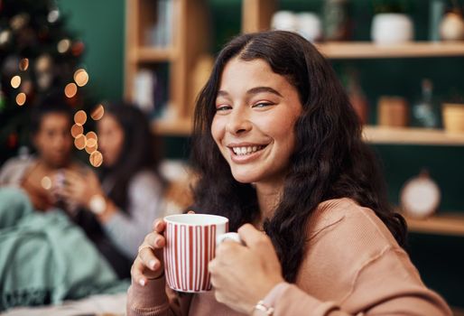 Christmas is the cosiest times of the year. a beautiful young woman enjoying a warm beverage with her friends in the background during Christmas at home