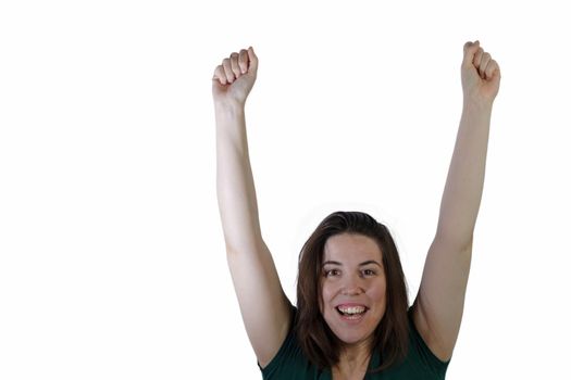 young brunette long haired girl with raised arms smiling isolated on white background