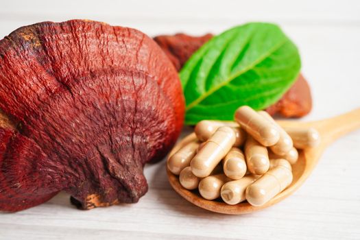 Lingzhi or Reishi mushroom with capsules, organic natural healthy food.