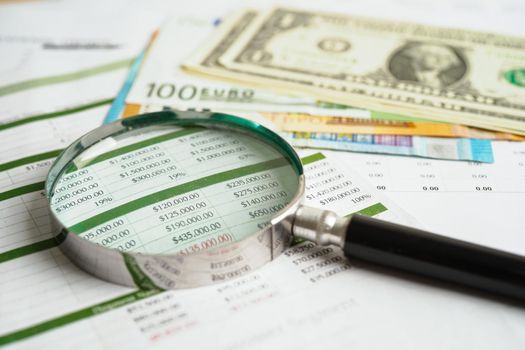 Magnifying glass on US dollar and EURO banknotes and graph, finance business trade concept.