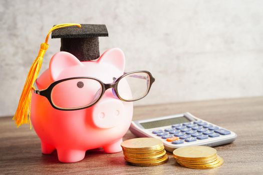 Pigging bank wearing eyeglass with coins and calculator saving bank education concept.
