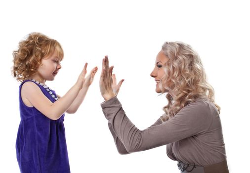 Happy mom and her daughter play together smile isolated