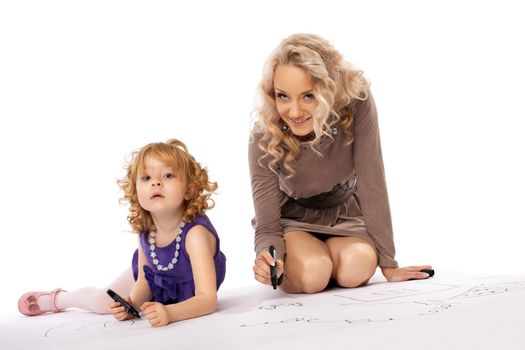 Happy mom look at child draw and smile isolated