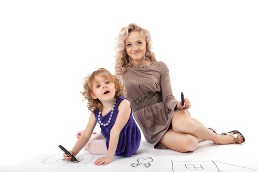 Happy mom and her daughter take hands smile isolated