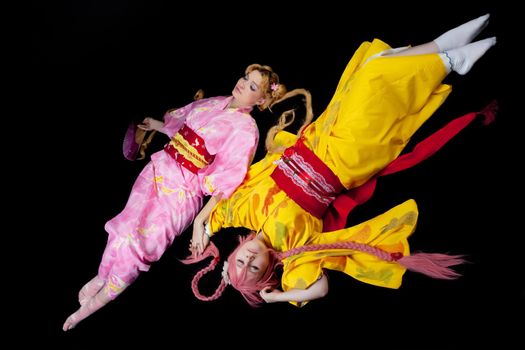Portrait of beauty girls lay in kimono cosplay costume