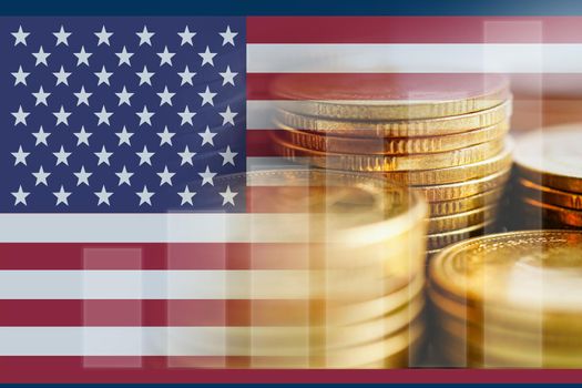 USA America flag with stock market finance, economy trend graph digital technology.
