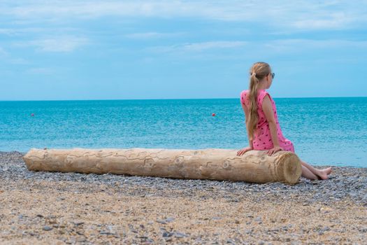 Log beautiful girl lake summer beach baikal hiking sandy outdoor, for sky sea from woman from young shamanism, tourism blue. Khuzhir peace relaxation,