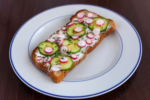 radish, cucumber and soft cheese summer toast on a plate