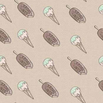 Ice cream seamless pattern illustration, Cute ice cream on beige background.