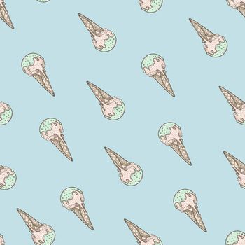 Cone seamless pattern illustration, Cute Popsicle on blue background.