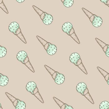 Cone seamless pattern illustration, Cute ice cream on beige background.