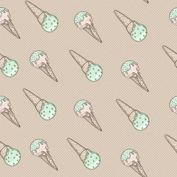 Cone seamless pattern illustration, Cute ice cream on beige background.