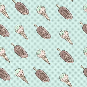 Ice cream seamless pattern illustration, Cute ice cream on blue background.