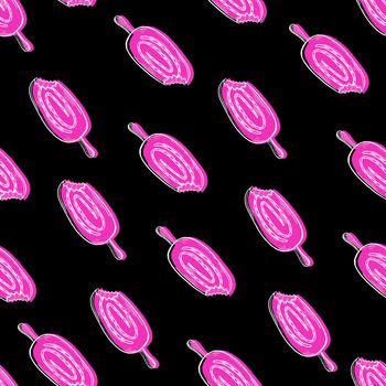 Pink popsicle seamless pattern illustration, Cute Popsicle on black background.