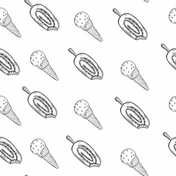 Ice cream outline seamless pattern illustration, Cute ice cream on white background.