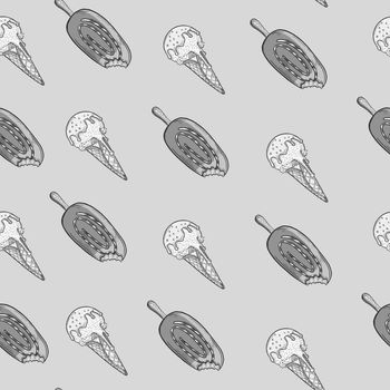 Ice cream outline seamless pattern illustration, Cute ice cream on gray background.