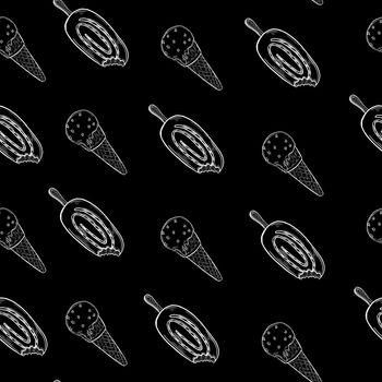Ice cream outline seamless pattern illustration, Cute ice cream on black background.