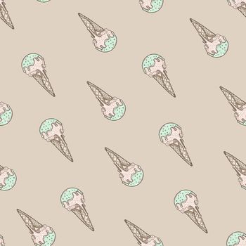 Cone seamless pattern illustration, Cute ice cream on beige background.