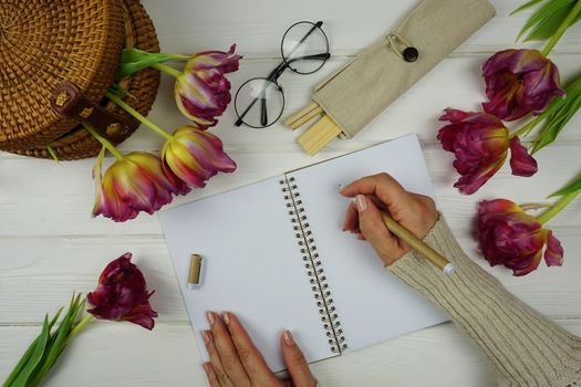 A woman's hand holds a pen and writes in a notebook. High quality photo