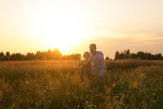 Dad and his blonde daughter are walking and having fun in a chamomile field. The concept of Father's Day, family and nature walks.