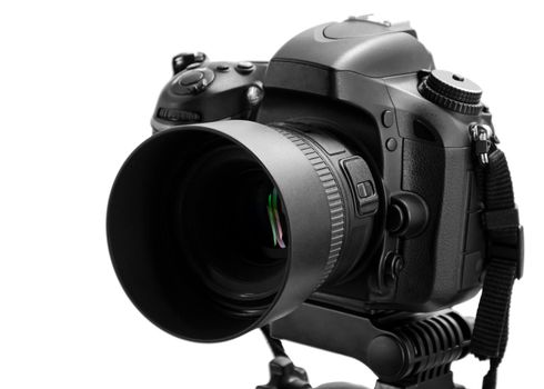 Black digital camera isolated on white background with clipping path