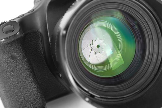 Camera lens isolated on white background. Close up.