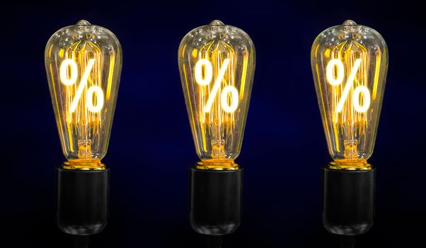 Bulb with glowing percent mark inside of it, creativity concept
