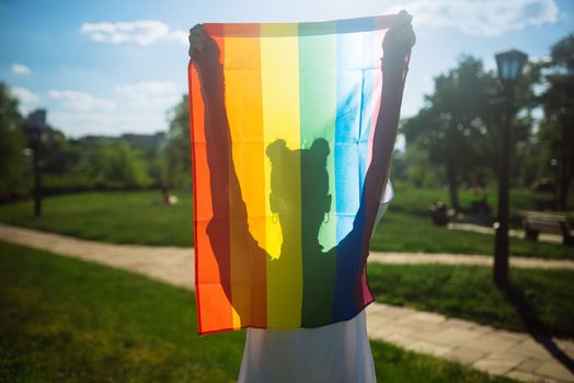 Young woman with lgbt pride flag in the park.