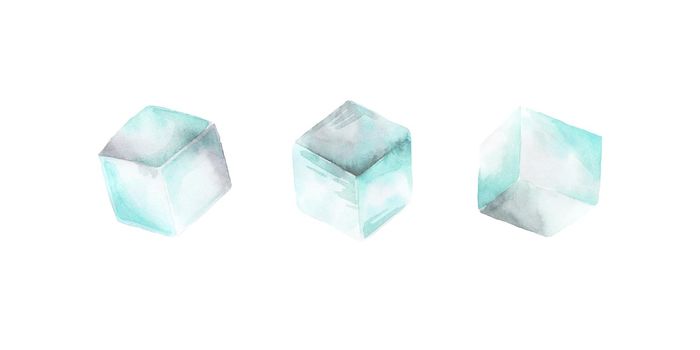 Set of water ice cubes. Frozen water in blocks. Watercolor ice cubes for drinking.