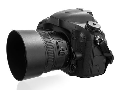 Black digital camera isolated on white background with clipping path
