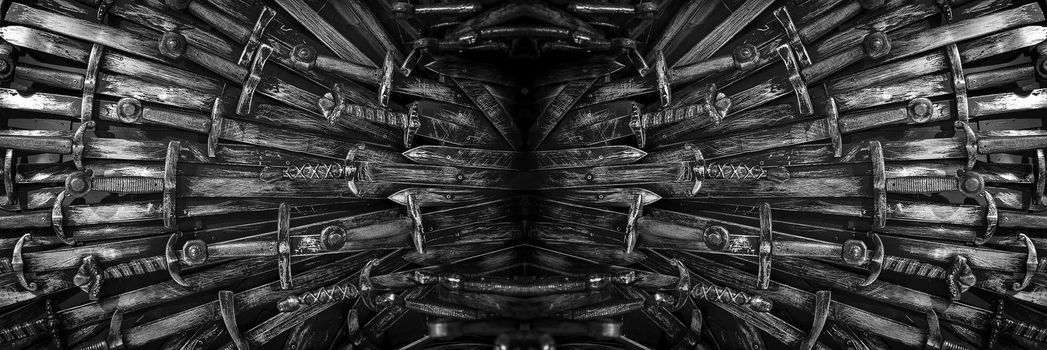 Metal knight swords background. Close up. The concept Knights.