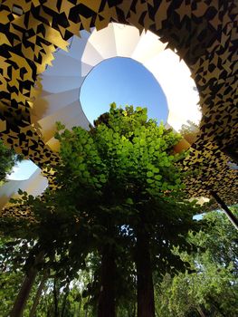 Budapest, Hungary - House of Hungarian music. Detail leafy tree in architecture.