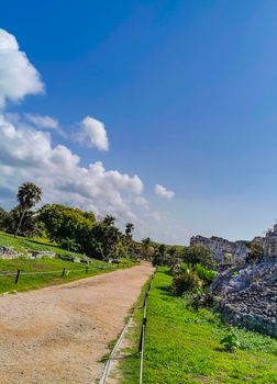 Ancient Tulum ruins Mayan site with temple ruins pyramids and artifacts in the tropical natural jungle forest palm and seascape panorama view in Tulum Mexico.