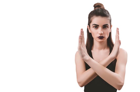 Portrait of nice young gorgeous woman on white backgrounds. To a lots of copy space.