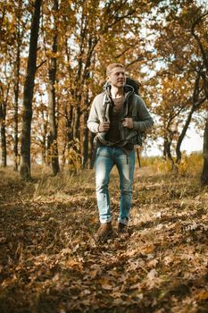 Urban dweller in the wild. Backpacker walking in autumn forest. Caucasian young man tourist with a big backpack hikes in the autumn forest.