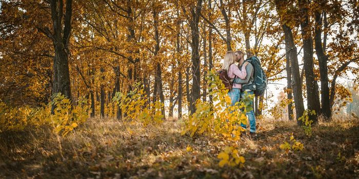 Kiss Of Lovely Tourists In Autumn Sunny Forest Outdoors, Happy Man And Woman With Backpacks Kiss While Standing Against Backdrop Of Multi Colored Autumn Forest In Sunshine, Beauty In Nature Concept