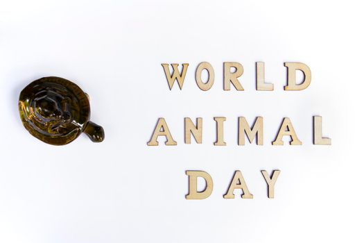 World animal day concept with wooden text and shiny porcelain turtle, on white background.