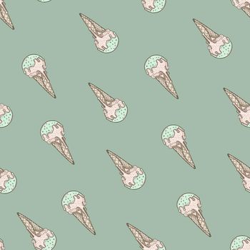 Cone seamless pattern illustration, Cute ice cream on green background.
