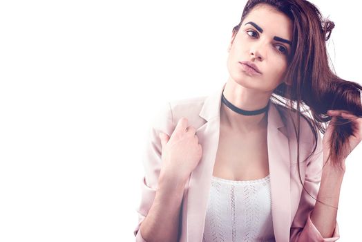 Portrait of nice young gorgeous woman on white backgrounds. To a lots of copy space.